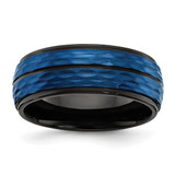 Chisel Stainless Steel Brushed and Polished Black and Blue Ion-Plated 8 mm Wedding Band, Grooved, Standard
