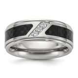 Chisel Stainless Steel Polished with Black Carbon Fiber Inlay and Cubic Zirconia 8 mm Band Ring