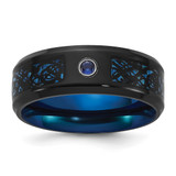 Chisel Stainless Steel Polished Black and Blue Ion-Plated with Cubic Zirconia Carbon Fiber Inlay in Clear Epoxy 8 mm Band Ring