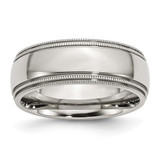 Chisel Stainless Steel Polished 8 mm Grooved and Beaded Wedding Band, Half Round
