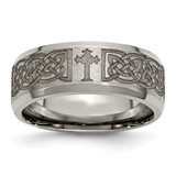 Chisel Titanium Brushed and Polished Cross Laser Design 8 mm Beveled Edge Wedding Band, Flat - TB115K