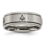 Chisel Titanium Brushed and Polished Masonic Laser Design 8 mm Ridged Edge Wedding Band