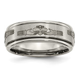 Chisel Titanium Brushed and Polished Claddagh Laser Design 8 mm Ridged Edge Wedding Band
