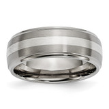 Chisel Titanium Brushed and Polished with Sterling Silver Inlay 8 mm Ridged Edge Wedding Band, Domed