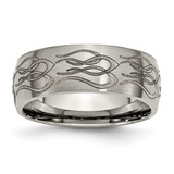 Chisel Titanium Brushed Flame Laser Design 8 mm Wedding Band, Half Round