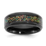 Chisel Titanium Polished Black Ion-Plated Multi-Color Opal Inlay 8 mm Wedding Band