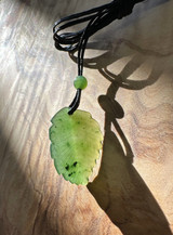 Natural Canadian Green Nephrite Jade Leaf Pendant, 25.5mm