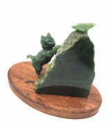 Natural Jade Cat Chasing Butterfly Carving 3 inch Cat with Base