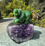 Natural Nephrite Jade Bear on Amethyst Base Figurine 4.5"