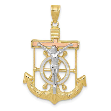 Image of 10K Tri-color Gold Diamond-cut w/Textured Mariners Cross Pendant 10C3931