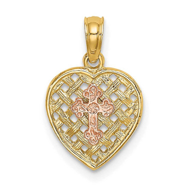 Image of 10K Two-tone Gold Cross on Woven Heart Pendant