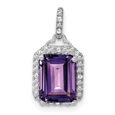 Image of 10K White Gold Emerald-cut Amethyst and Diamond Halo Pendant