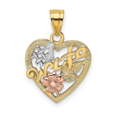 Image of 10k Yellow & Rose Gold with White Rhodium #1 WIFE In Heart w/ Flower Pendant