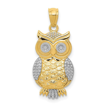 Image of 10K Yellow Gold & Rhodium Polished & Textured Owl Pendant