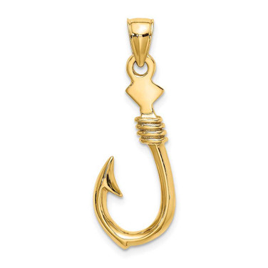 Image of 10K Yellow Gold 3-D Large Fish Hook with Rope Pendant
