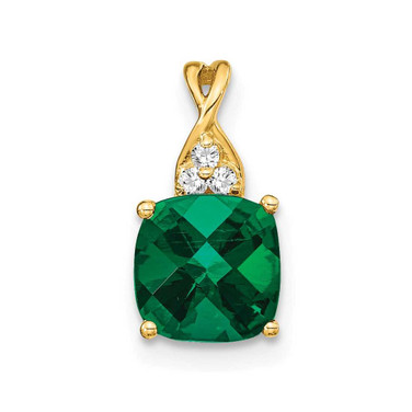 Image of 10K Yellow Gold Checkerboard Created Emerald and Diamond Pendant