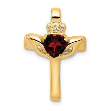 Image of 10K Yellow Gold Garnet & AA Diamond Claddagh Cross Pendant