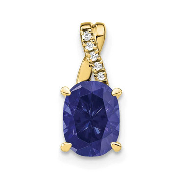 Image of 10K Yellow Gold Oval Created Sapphire and Diamond Pendant