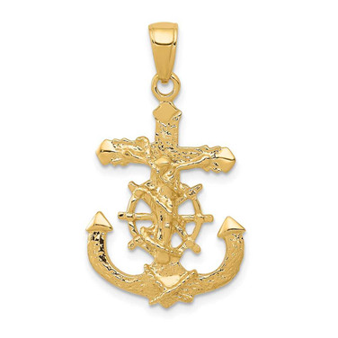 Image of 10K Yellow Gold Polished & Textured 2-D Mariners Crucifix Rope/Wheel Pendant