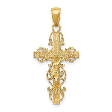 Image of 10K Yellow Gold Polished Crucifix w/lace Trim Pendant