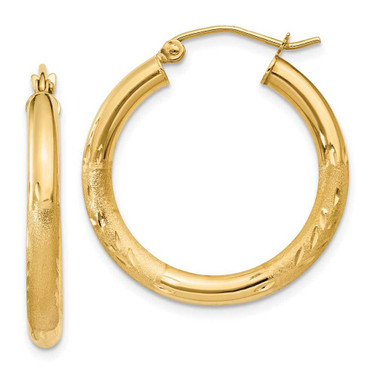 Image of 25mm 10k Yellow Gold Satin & Shiny-Cut 3mm Round Hoop Earrings 10TC289