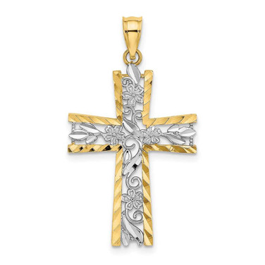 Image of 10K Yellow Gold W/ Rhodium and Diamond-cut Flower Design Cross Pendant