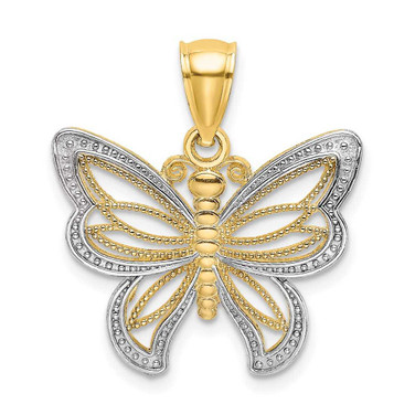 Image of 10k Yellow Gold with Rhodium-Plating Butterfly w/ White Beaded Wings Pendant