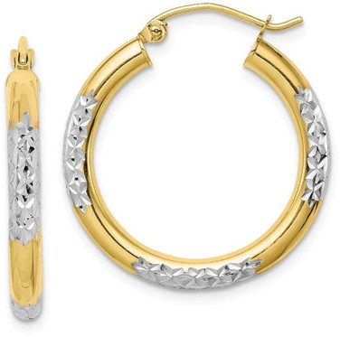 Image of 26mm 10k Yellow Gold with Rhodium-Plating Shiny-Cut 3mm Hoop Earrings 10TC355