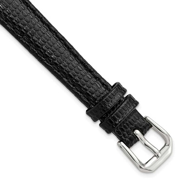Image of 12mm 6.75" Black Lizard Style Grain Leather Silver-tone Buckle Watch Band