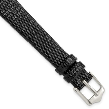 Image of 12mm 6.75" Flat Black Lizard Style Grain Leather Silver-tone Buckle Watch Band