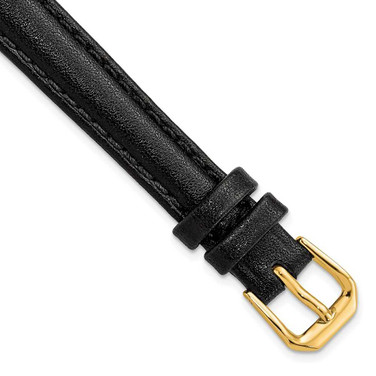 Image of 12mm 7.5" Black Long Smooth Leather Gold-tone Buckle Watch Band