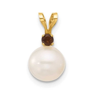 Image of 14K Gold 7-7.5mm White Round Freshwater Cultured Pearl Smoky Quartz Pendants