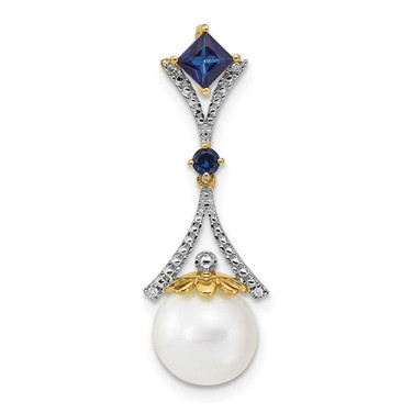 Image of 14K Gold Diamond 8-9mm Round Freshwater Cultured Pearl/Created Sapphire Slide Pendant