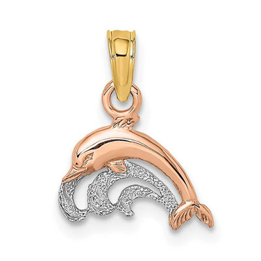 Image of 14k Rose & Yellow Gold w/ Rhodium Dolphin & Wave Pendant