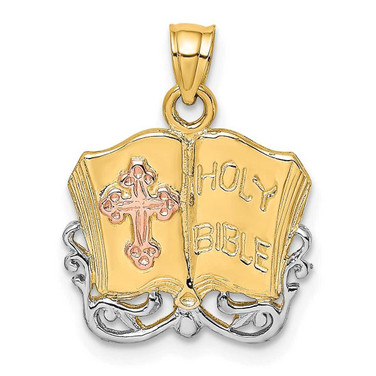 Image of 14k Rose & Yellow Gold w/ Rhodium-Plated Holy Bible & Cross Pendant