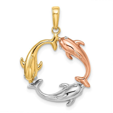 Image of 14k Tri-color Gold Triple Dolphin Circle Pendant