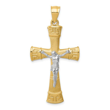 Image of 14K Two-tone Gold Brushed & Polished Greek Key Crucifix Pendant