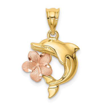 Image of 14K Two-tone Gold Brushed & Polished Shiny-Cut Plumeria Flower & Dolphin Pendant