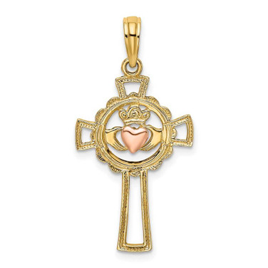 Image of 14k Two-tone Gold Cross w/ Claddagh & Heart Pendant