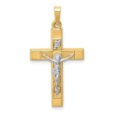 Image of 14k Two-tone Gold Hollow Polished Textured Latin Crucifix Pendant XR1730