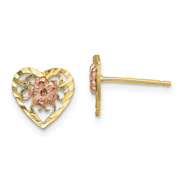 Image of 10mm 14k Two-tone Gold Shiny-Cut Heart & Flower Stud Earrings