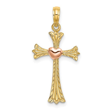 Image of 14k Two-tone Gold Textured Cross w/ Heart Pendant