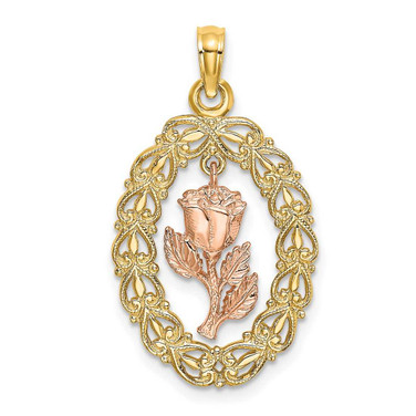 Image of 14k Two-tone Gold Textured Oval Frame Dangling Rose Pendant