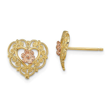 Image of 14k Two-tone Gold w/ Lace Trim & Flower Heart Stud Post Earrings