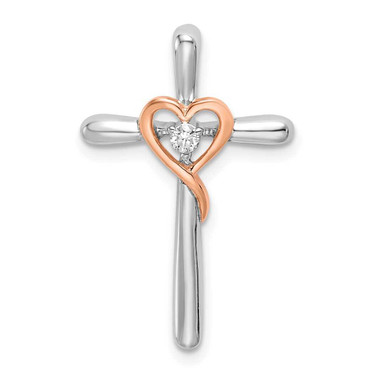 Image of 14K Two-tone Gold White & Rose Cross w/Heart Diamond Chain Slide Pendant