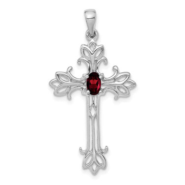 Image of 14K White Gold 5x3mm Oval Garnet cross pendant