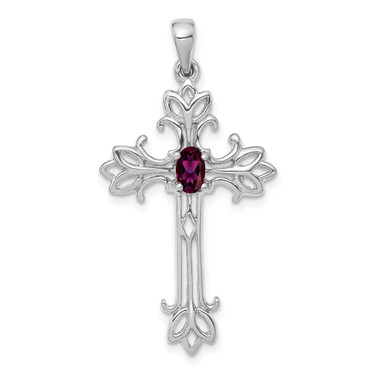 Image of 14K White Gold 5x3mm Oval Rhodolite Garnet cross pendant