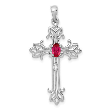 Image of 14K White Gold 5x3mm Oval Ruby cross pendant