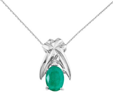 Image of 14K White Gold 7x5mm Oval Emerald & Diamond Pendant (Chain NOT included)