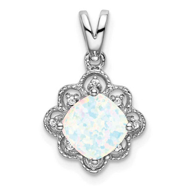 Image of 14K White Gold Created Opal & Diamond Scalloped Pendant